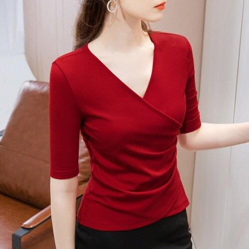 SISHION Plus Size Half Sleeve Women T Shirt VD1586 Black Red Coffee Elegant V Neck Women Tops tee shirt femme