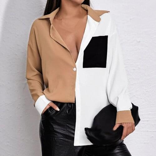 Special Chic Design Color Patchwrok Women Shirt Basic Style Long Sleeve Lapel Ladies Chiffon Blouse with pocket
