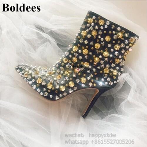 100% Real Pictures Sexy Studded Rivets Mixed Color Evening Party Women Thin High Heel Ankle Boots Black Silvery Dress Shoes