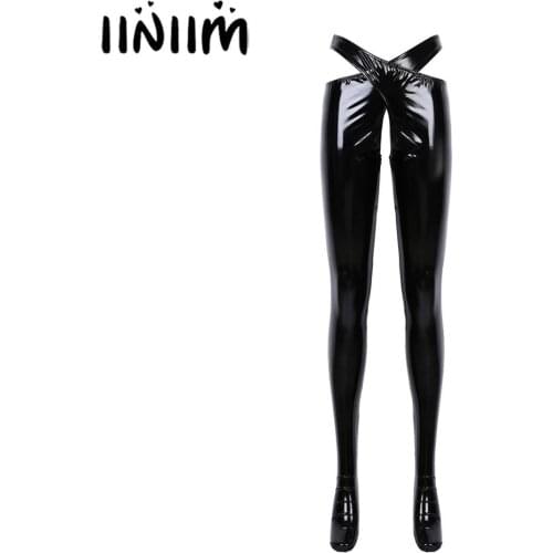 Womens Femme Latex Costumes Patent Leather Trousers Exotic Pants Crotchless Open Crotch Bultt Hole Sissy Lingerie Nightwear