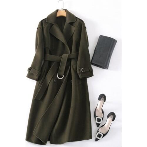 Double-face 100%wool womens fashion winter coat mid-long sashes epaulet drop-shoulder cuff buckle strap S/M/L