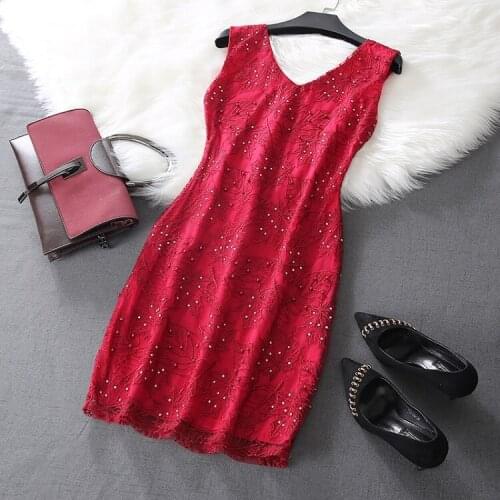 Sexy & Club A-line Print Vintage Elegant Sleeveless Beading Knee-length Tank V-neck Black Red Summer Dress Women Dress