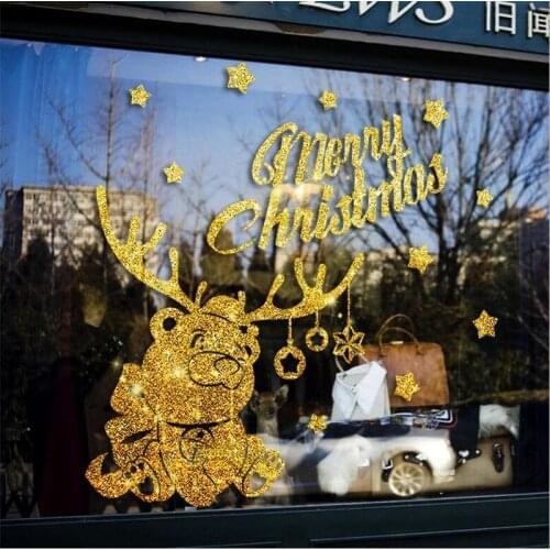 Golden Merry Christmas Lovely Deer Wall Stickers Home Decor Shop Window Glass Decor Festival Mural Wall DIY Art Decals