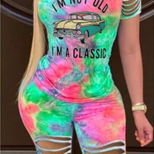 2021 Summer I'M NOT OLD,I'M A CLASSIC Letter Print Women Short Sets Plus Size Ribbon Sleeves Tie Dye Tee Tops T Shirt + Shorts