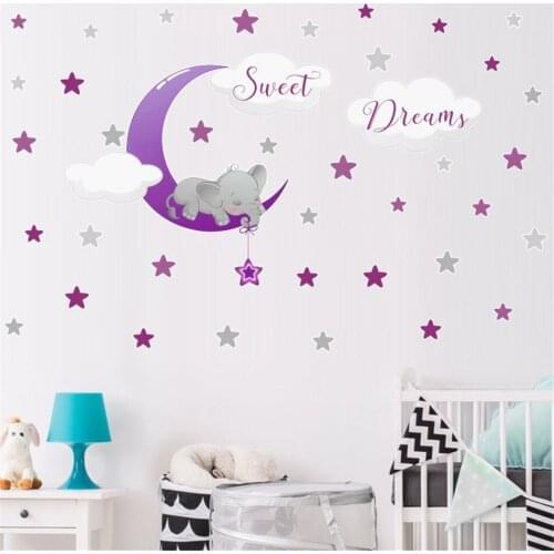 BalleenShiny Creative Baby Elephant Moon Star Animal Wall Sticker Self-adhesive Paper Room Simple Decoration Wall Sticker