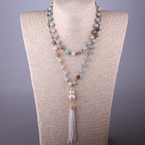 Free Shipping Bohemian Jewelry Amazonite Stones Rosary Chain Pearl & Crystal Tassel Necklace For Women
