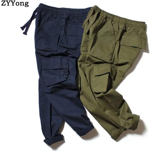 Men Cargo Pants Cotton Drawstring Multi-Pocket Beam Feet Motion Outdoor Leisure Overalls Military Style Green Hallen Trousers