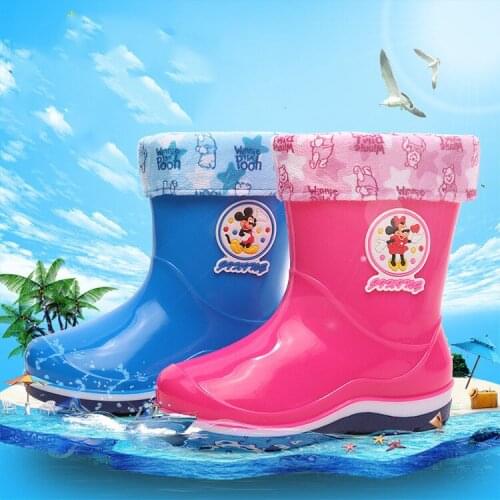 Disney childrens cartoon Minnie Mickey boy and girl student rain boots rain boots boots thick cotton holster detachable