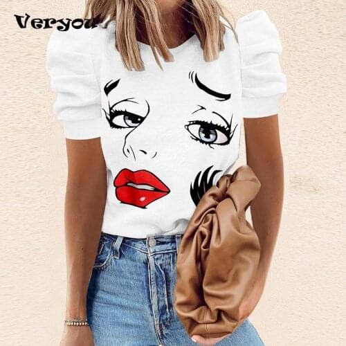 Fashion Abstract Face Painting Printed T-Shirt For Women Elegant Puff Sleeve Pullover Ladies Summer Casual Round Neck Tops