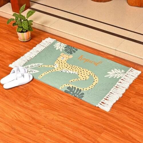Cotton Thread Rug Handmade Weave Tropical Leopard Tassel Carpet Kitchen Door Floor Bedding Mats Warm Home Bathroom Decoration