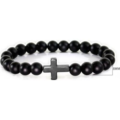 Stone Bracelet Cross Charm Black Matte Glossy Beaded Bracelets Handmade Men Women Prayer Jesus Chain Bracelet