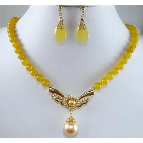 Yellow Jade Golden Shell Pearl Crystal Gold Plated Pendant Necklace Earrings Set