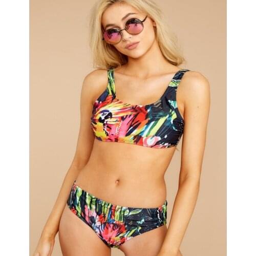 Flat angle prevention swimsuit female fashion print pattern sexy bikini travel vacation beach suit swimming wading sports suit