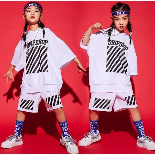 Summer Girls Hip Hop Clothing Hooded Tops White Street Dancing Suit Jazz Performance Wear Rave Kids Hip Hop Dance Outfit BL6248