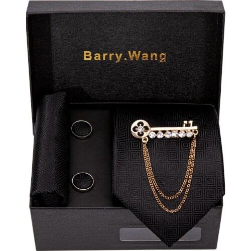 Men Wedding Black Paisley Silk Tie Hanky Brooch Set Barry.Wang Jacquard Woven Neckties For Men Party Business Fashion Gift Box