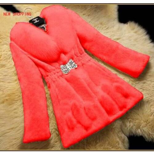 Soft Faux Fur Coat Women Slim Waist Diamond Button Plus Size Long Sleeve Turn-down Collar Winter Womens Rabbit Fur Jacket Warm