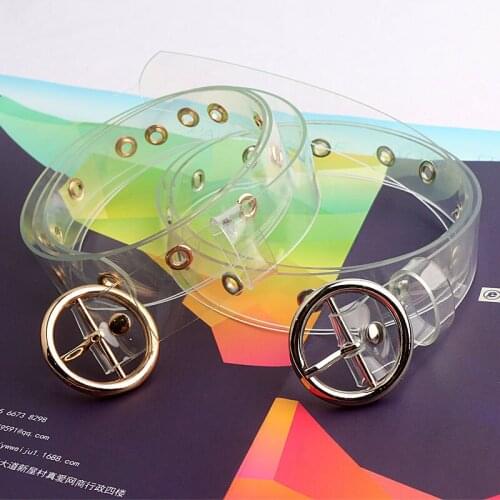 New Candy Color Wide Clear Pvc Belt Female Transparent Sequin Glitter Round Buckle Waistband Silver Belts For Women Dress Jeans