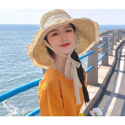 2021 Fashion Women Wide Brim Sun Hat Foldable Roll Up Summer Straw Bucket Hat Floppy Beach Cap