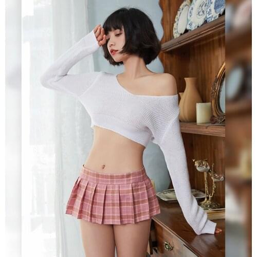 Korean Style V-neck Loose Knitted Sweaters Women Thin Pullover Porn Mini Skirt Sets Adult Sex Fantasy Schoolgirl Cosplay Costume