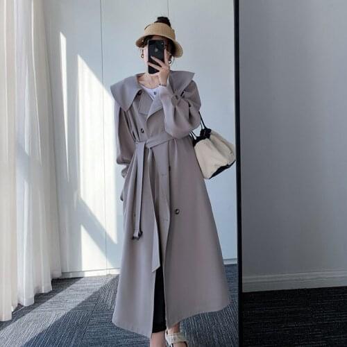 Windbreaker womens new Korean version loose and thin in early autumn 2021, waist closing fashion, Navy collar, medium and long