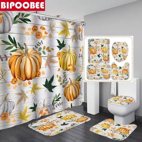 Autumn Fall Thanksgiving Shower Curtains Bathroom Curtain Set Wooden Floor Pumpkins Maple Leaves Bath Mats Rugs Toilet Lid Cover