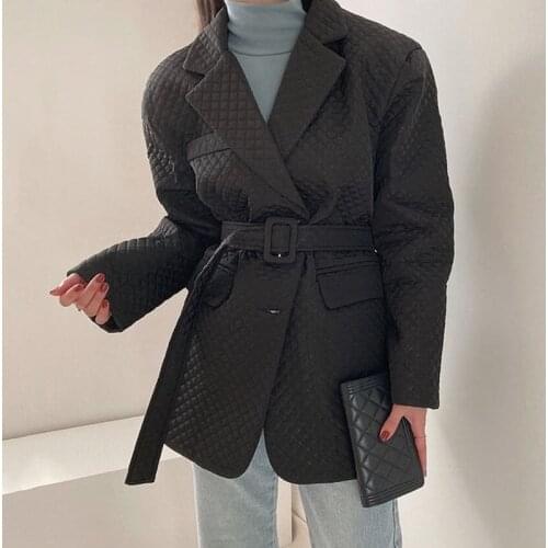 2020 Autumn and Winter Womens Jacket Retro Lapel Three-dimensional Geometric Diamond Loose Suit Cotton Lining Jacket with Belt
