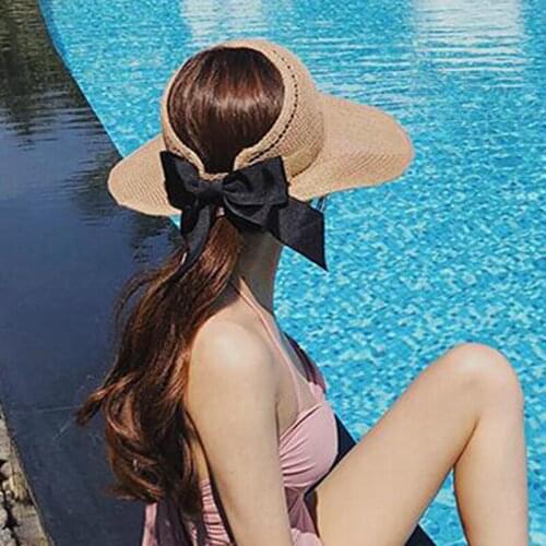 Women Big Brim Sun Hat Handmade Knitted Hollow Multifunctional Breathable Cool Ladies Hat Big Bow Knot Empty Top Beach Cap