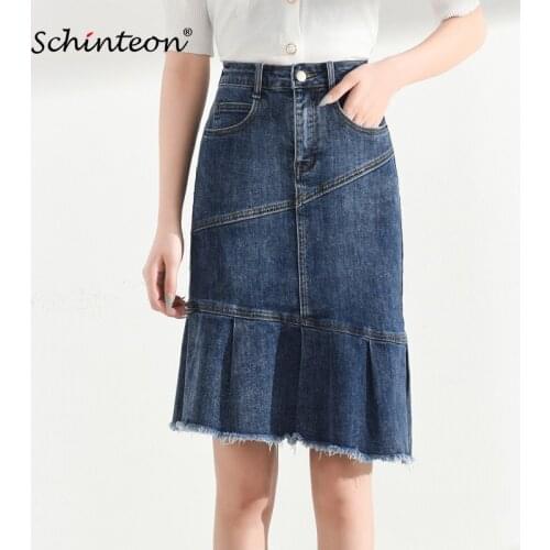 Schinteon Women Denim A-lined Skirt Jeans High Waist Casual Knee Length Skirts Spring Summer 2021 New Plus Size