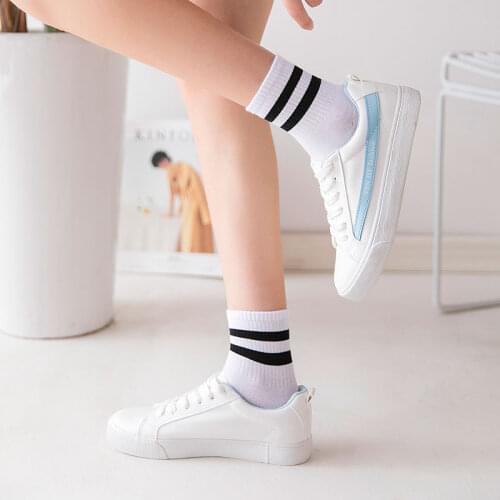 Harajuku Black White Socks Women Fashion Striped Cotton Summer Japanese Cute Cozy Soft Colorful Girls Blue Socks