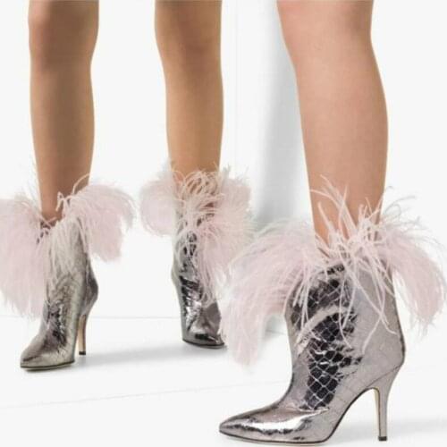 Feather Ankle Boots For Women Pointed Toe Fur Botas Mujer High Heels Pumps Velvet Female Casual Part Prom Shoes