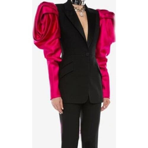 Patchwork Hit Color Womens Blazer Puff Sleeve Notched Female Blazers 2021 Autumn Plus Size Fashion New Clothing