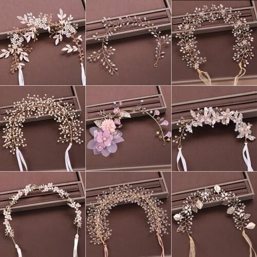 Many Design High Quality Gold Freshwater Pearls Women Hair Jewelry Crystal Rhinestone Headband Flower Hairband Wedding Headpiece