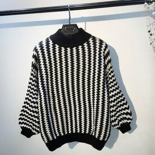 New Year Fall Winer Runway Sweaters Women Black White Striped Wave Lantern Sleeve Loose Female Knitting Sweater Warm Tops