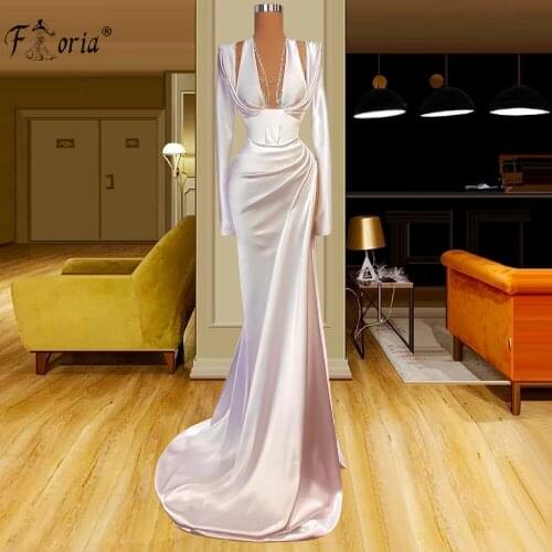 Long Sleeves White/Ivory Mermaid Evening Dress 2021 Sexy V Neck See Through Long Elegant Arabic Prom Gowns Robe De Soiree