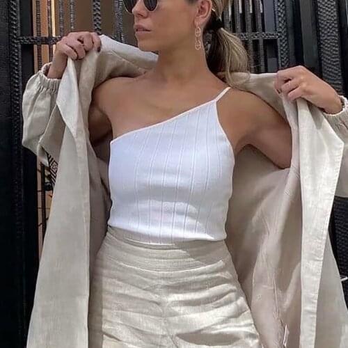 ZXQJ Stylish Women One Shoulder Knitted Tank Tops 2021 Summer Fashion Ladies Bomb White Top Y2K Girls Chic Knitwear Cute