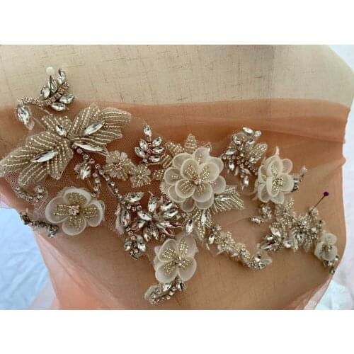 1 Pair Rhinestone bead applique with artificial flowers, heavy bead handmade rhinestone florals motif bodice, crystal headpiece