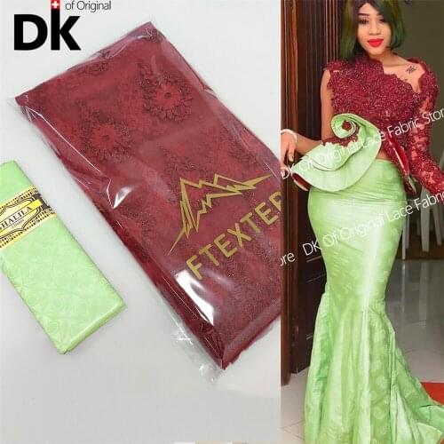 2.5+2.5 Yards 2021 Sequins Tulle African Sequence Net Lace Fabric With Bazin Riche Original Brocade Nigerian French Sewing