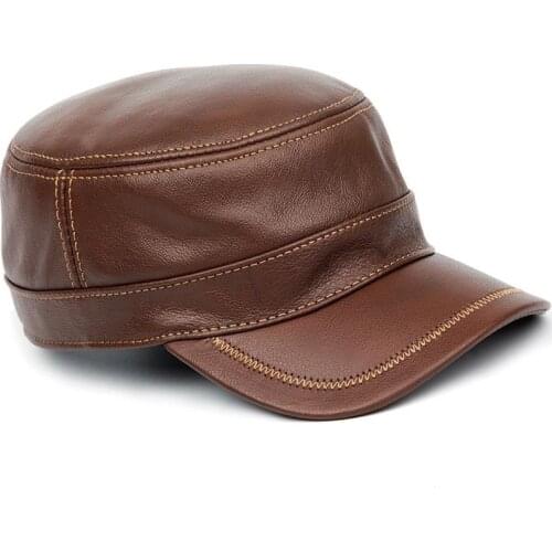 Genuine leather baseball golf sport cap hat mens brand new leather army military hats caps with ear flap brown black