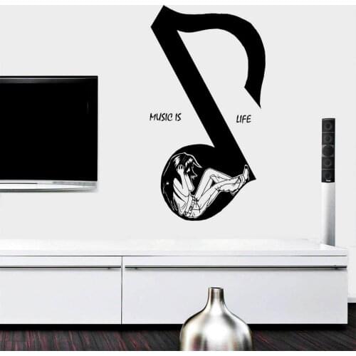 Big Music Note Wall Decal Music Is Life Quotes Cartoon Girl Listen Song Vinyl Window Sticker Fashion Bedroom Home Decor Art E113