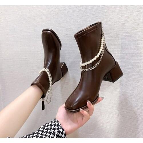 New Women Ankle Boots String Beads High Heels Pumps Female Square Toe Zip Short Booties Autumn Winter Fashion Shoes 2021
