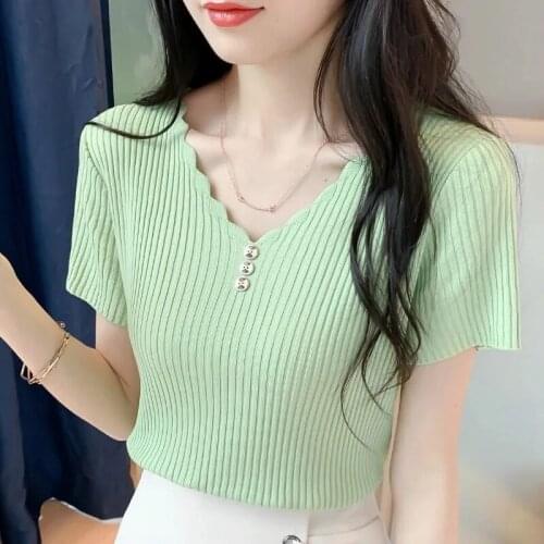 V-Neck Short Sleeve T-shirt Knit Top Elegant Button Blue Ice Silk Ribbed Summer Clothing Korean Fashion Loose Solid