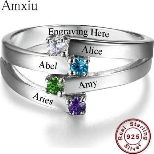 Amxiu Custom Any Size Name Ring Personalized 925 Sterling Silver Ring Engrave Four Names with Birthstones Rings For Women Gift