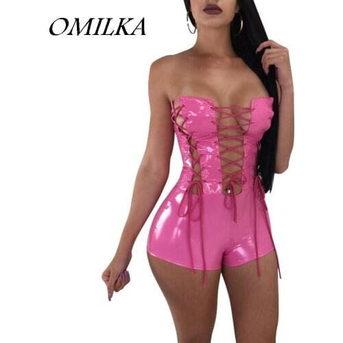 OMILKA 2018 Summer Women Lace Up Strapless PU Leaher Playsuits Sexy Rose Black Club Party Bandage Short Rompers and Jumpsuits