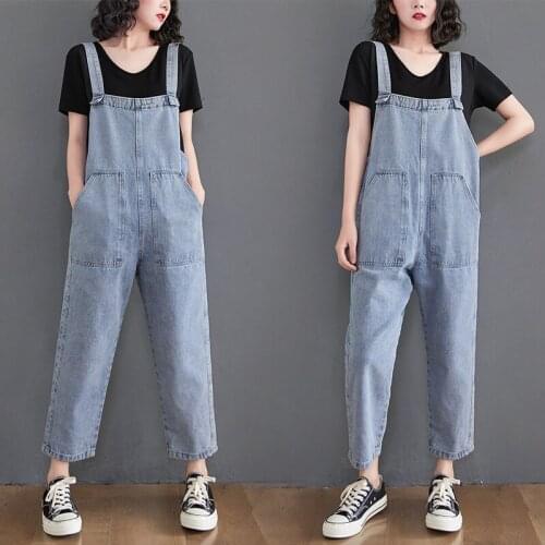 High Waist Denim Bib Women Thin Korean Pants Look Thin Jeans Loose Wide-leg Nine-point Overalls Jumpsuit Trousers Streetwear