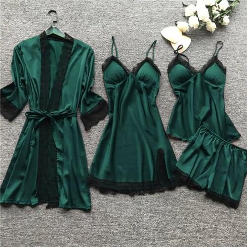 4PCS Lace Sleepwear Set Lingerie Women Silk Robe Dress Babydoll Sleepwear Nightdress Pajamas Set Feminina Sleep Top pyjama femme