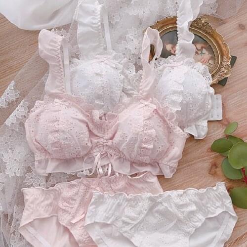 Wriufred Sweet and fresh Japanese underwear set solid color cotton embroidered flowers tube top no steel ring lingerie sets