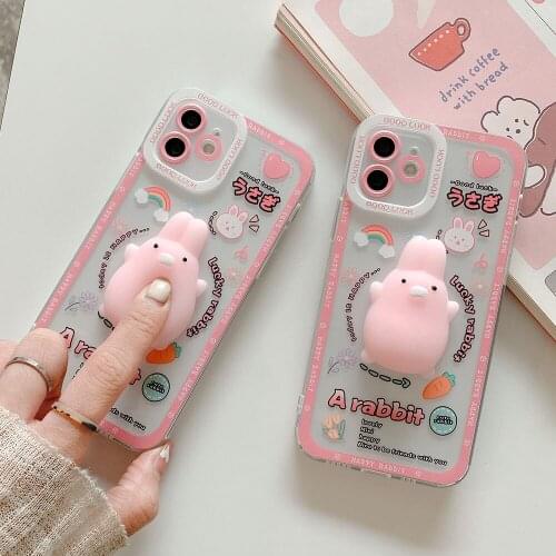 Korea 3D Squishy Finger Pinch Rabbit Rainbow Pink Phone Case for iPhone11 12Pro Max XS XR 7 8Plus Camera Protective Clear Cover