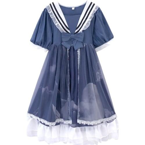 Lolita Cosplay Lace Tulle Dress Teens Soft Girl Sailor Collar Kawaii Ruffle Dresses Women Summer Vintage Short Sleeve Tutu Dress