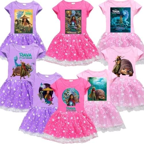 Kinds of Dress for Girls Raya and The Last Dragon Princess Dress 2021 Summer Short Sleeve Cartoon Childrens Birthday Clothing