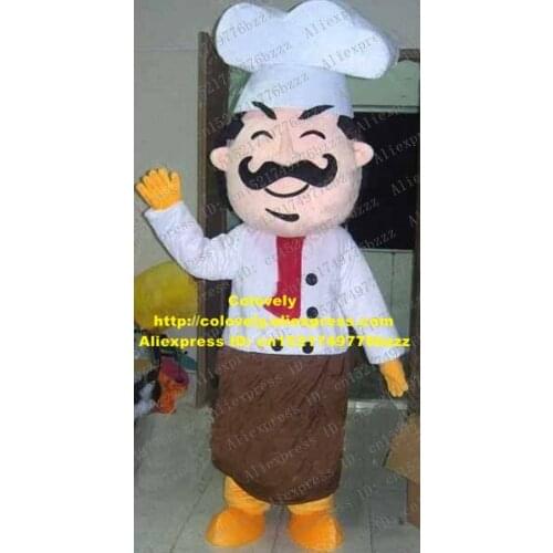 Fancy White Cook Mascot Costume Mascotte Kitchener Baker Chef With Big White Chef Uniforms Brown Apron Adult No.2766 Free Ship